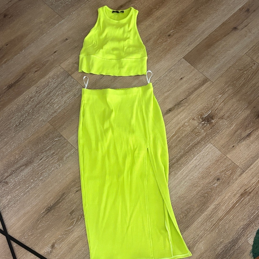 Lulu's Neon Yellow Midi Skirt Set